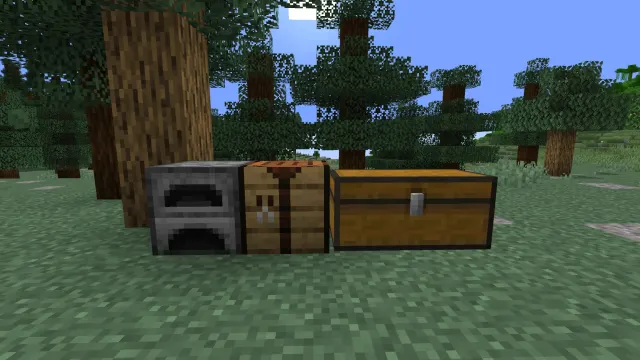 A furnace, crafting table and chest