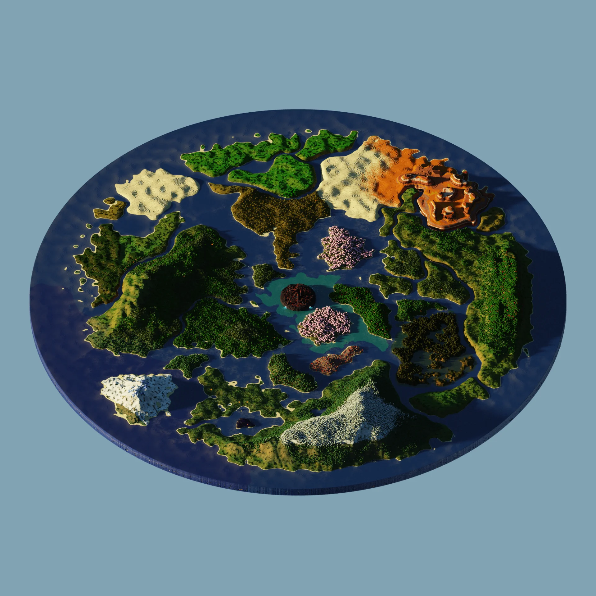 An artistic render of the Citadel world, with islands across its different biomes